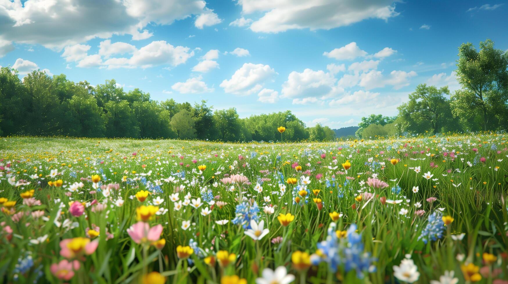 AI generated springtime flower meadow, blooming field background photo