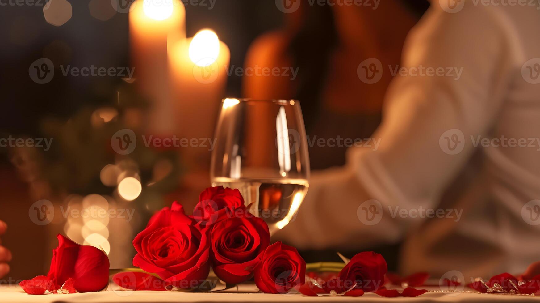 AI generated romantic dinner with candles and roses photo