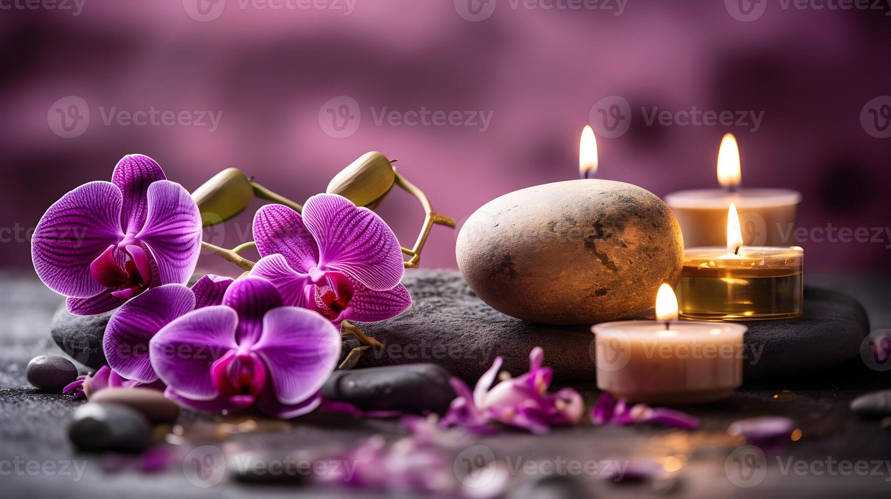 AI generated spa stones, candles and orchid flowers on a wooden table photo