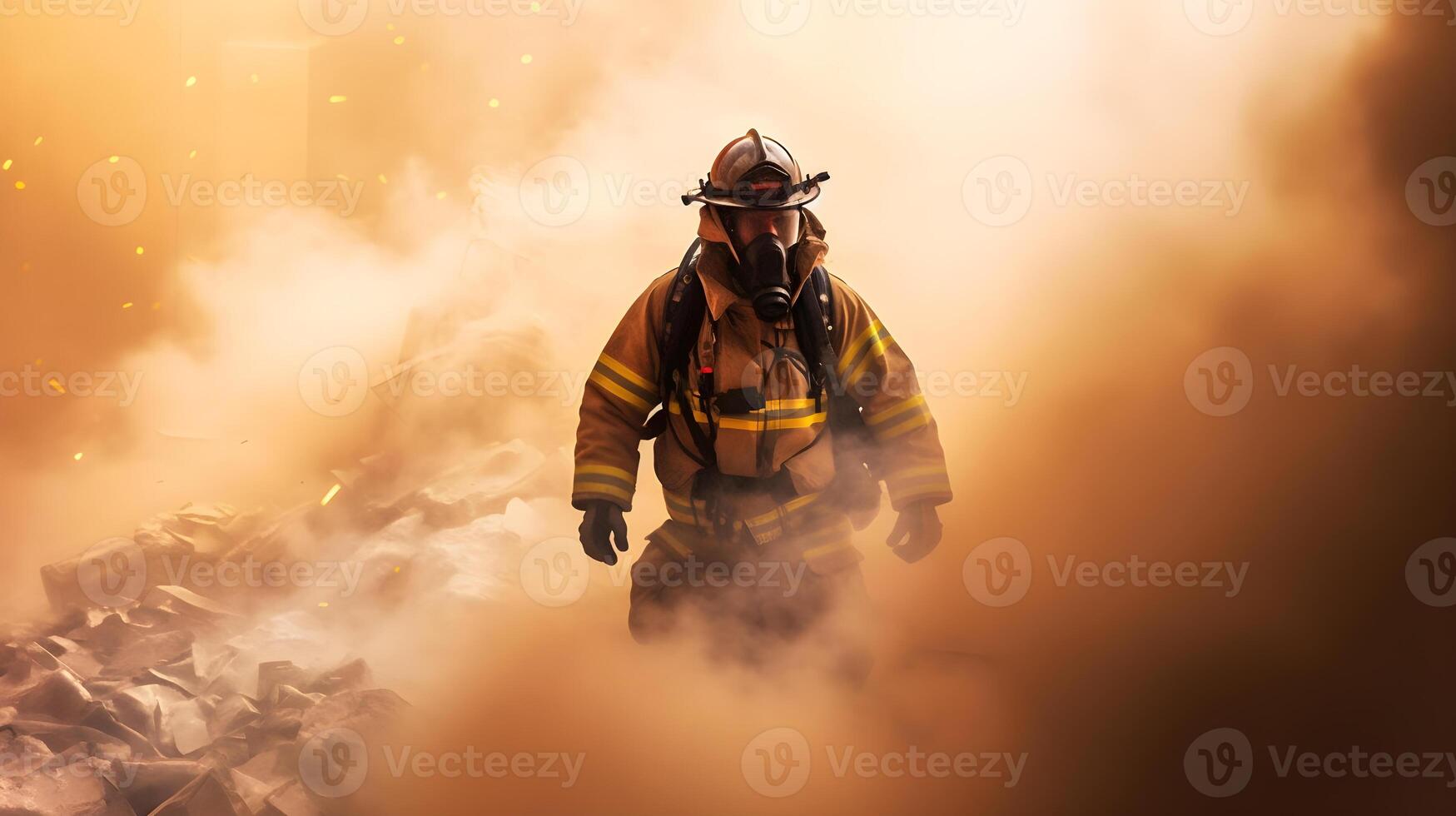 AI generated a firefighter in a gas mask and helmet is walking through smoke photo