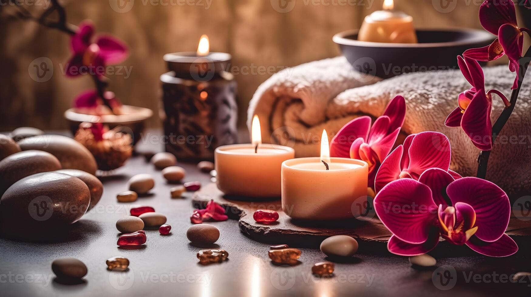 AI generated spa setting with candles and orchids photo