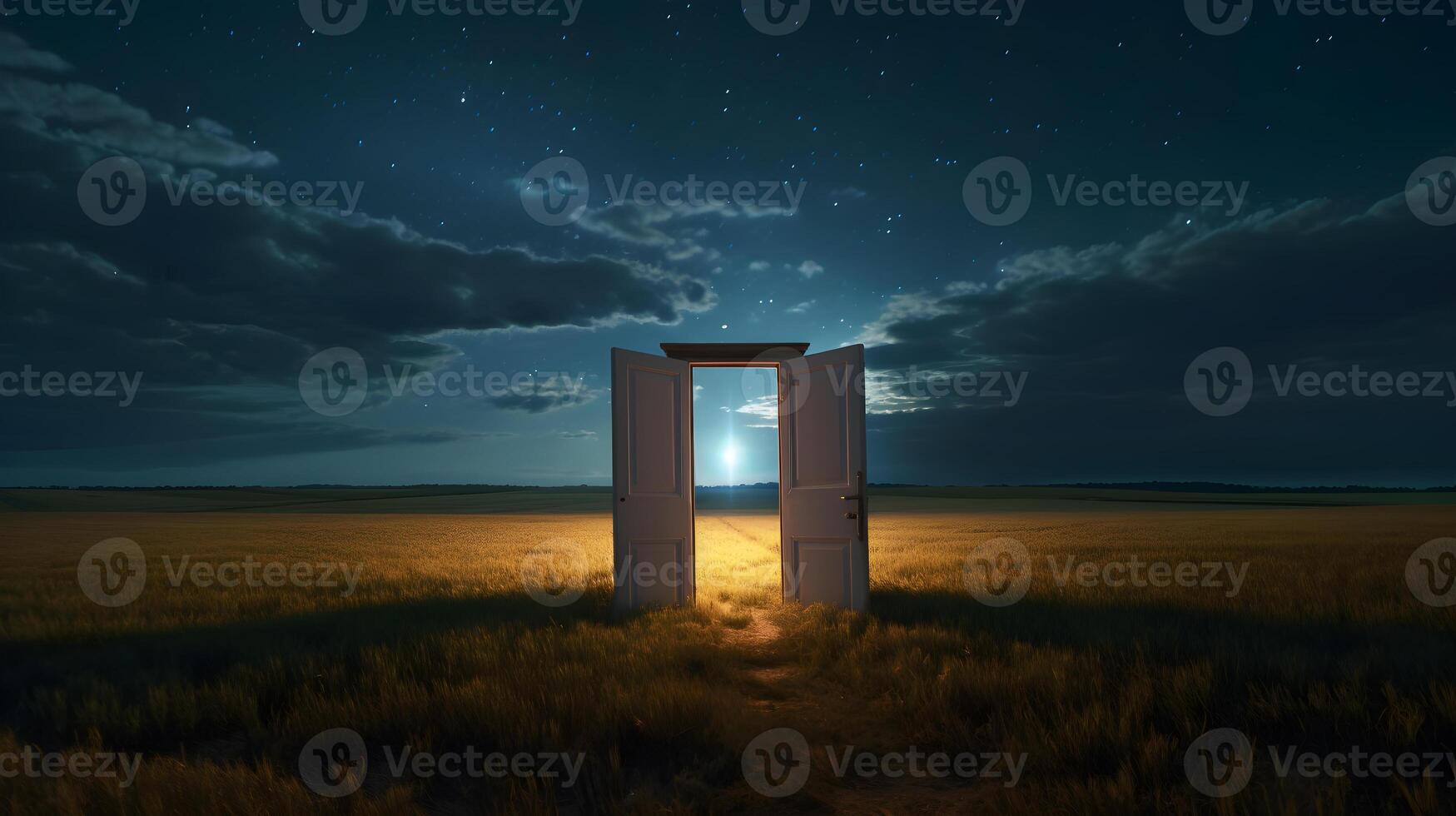 ai generado un abierto puerta en un campo con un cielo y Luna foto