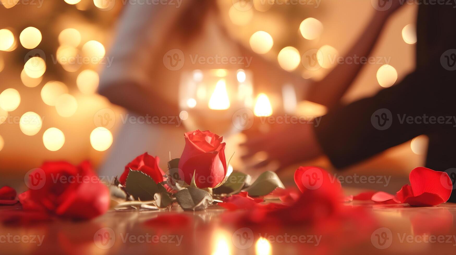 ai generado un hombre y mujer son participación manos en frente de un vela y rosas foto