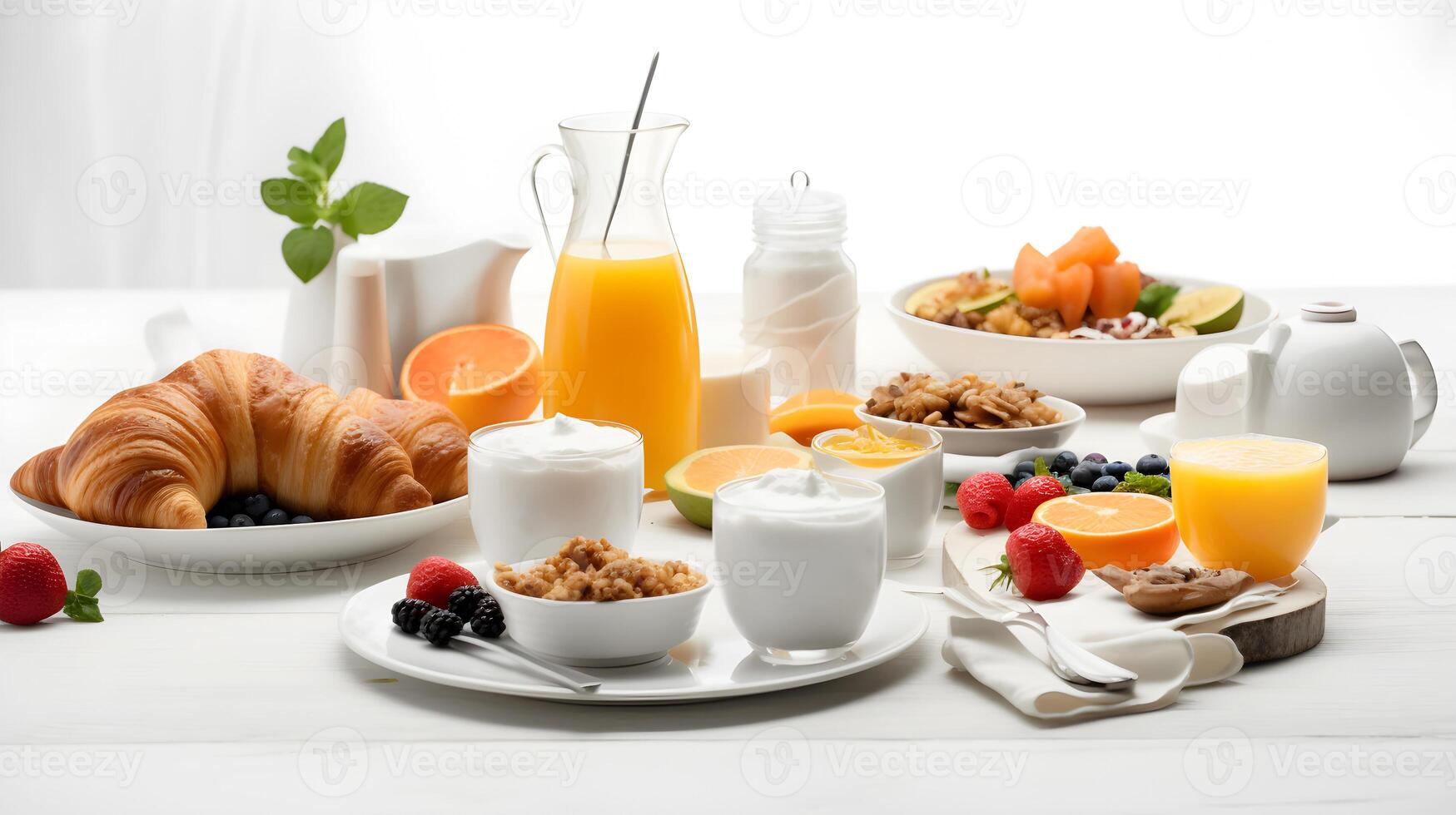 ai generado desayuno con Fruta y jugo en blanco mesa foto