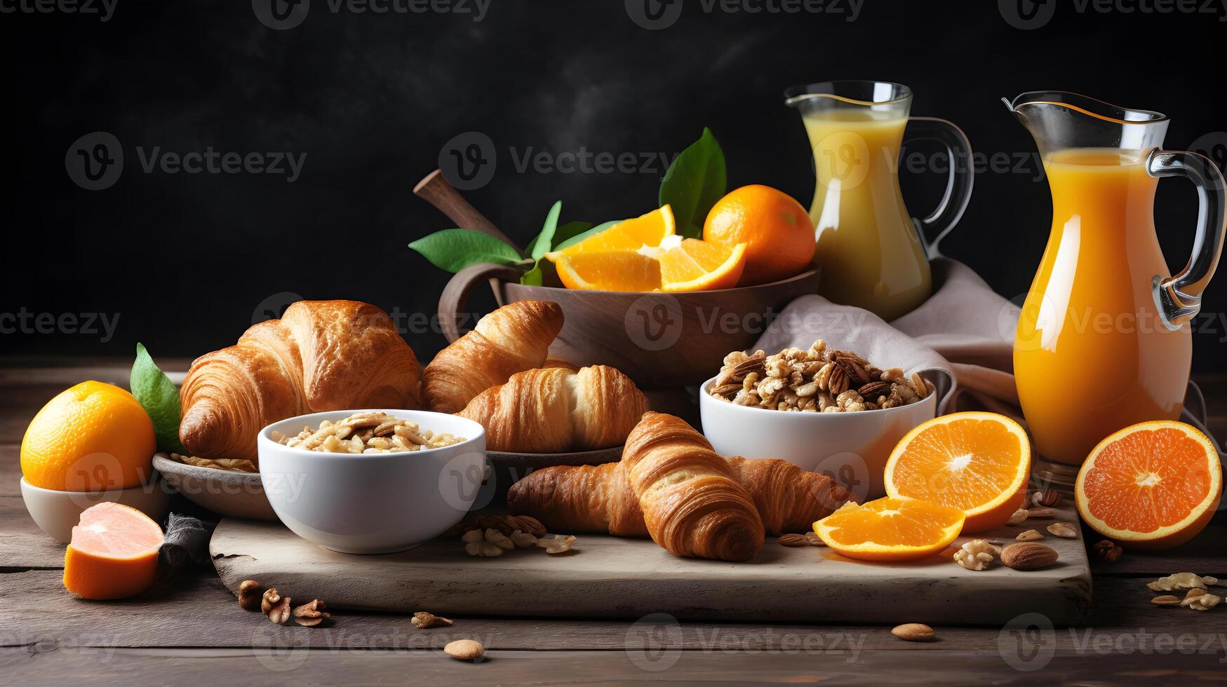 AI generated breakfast with orange juice and croissants on wooden table photo