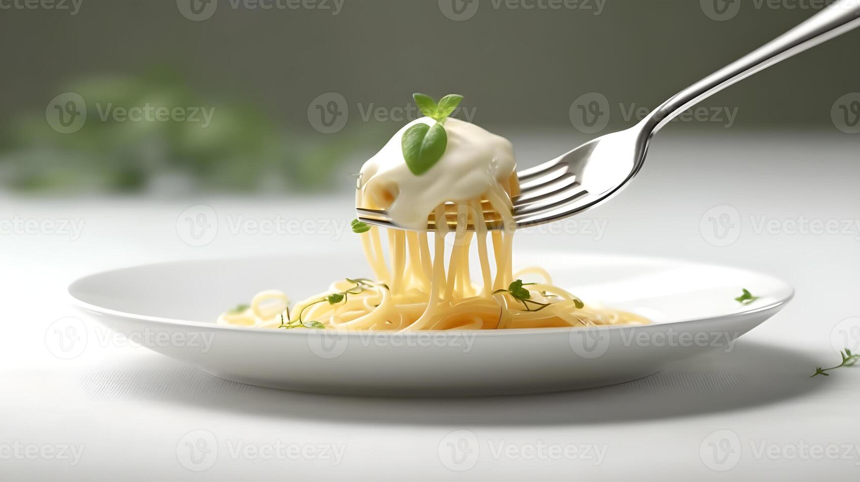 AI generated a fork is holding a piece of pasta with cream photo