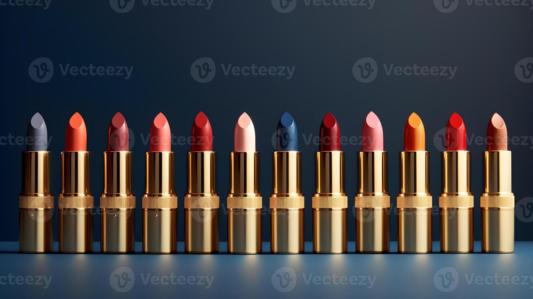 AI generated lipsticks in a row on a blue background photo