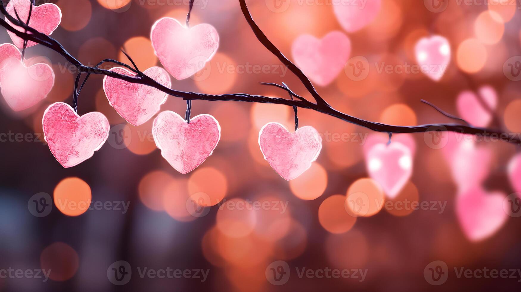 ai generado rosado corazones colgando desde un rama con bokeh luces foto