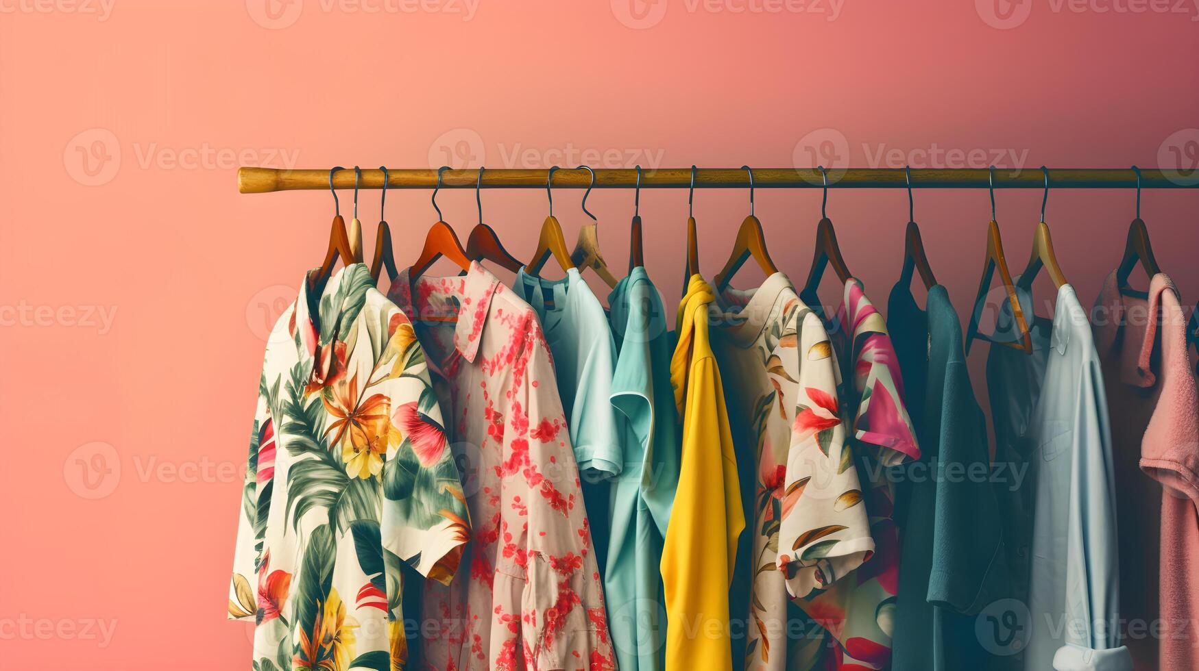 AI generated a rack of colorful shirts hanging on a wall photo