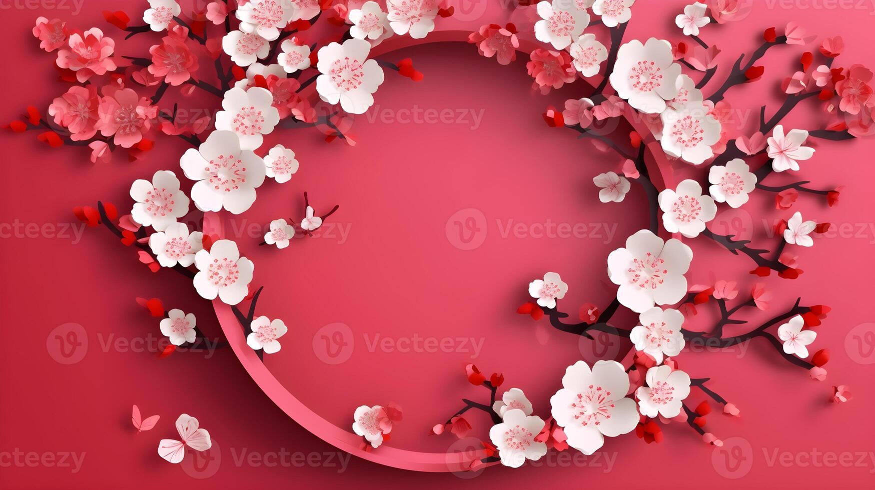 AI generated cherry blossom background with white flowers photo