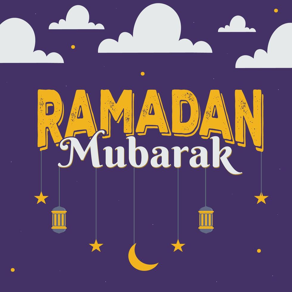 Ramadán Luna en oscuro púrpura cielo fondo, Ramadán mubarak, Ramadán Kareem, tipografía modelo. vector