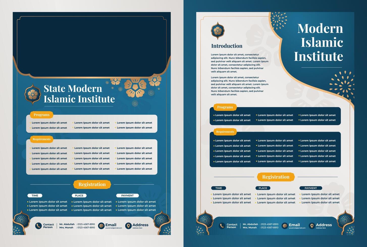 Modern elegant blue islamic style flyer in A4 size for islamic corporate and islamic institute vector