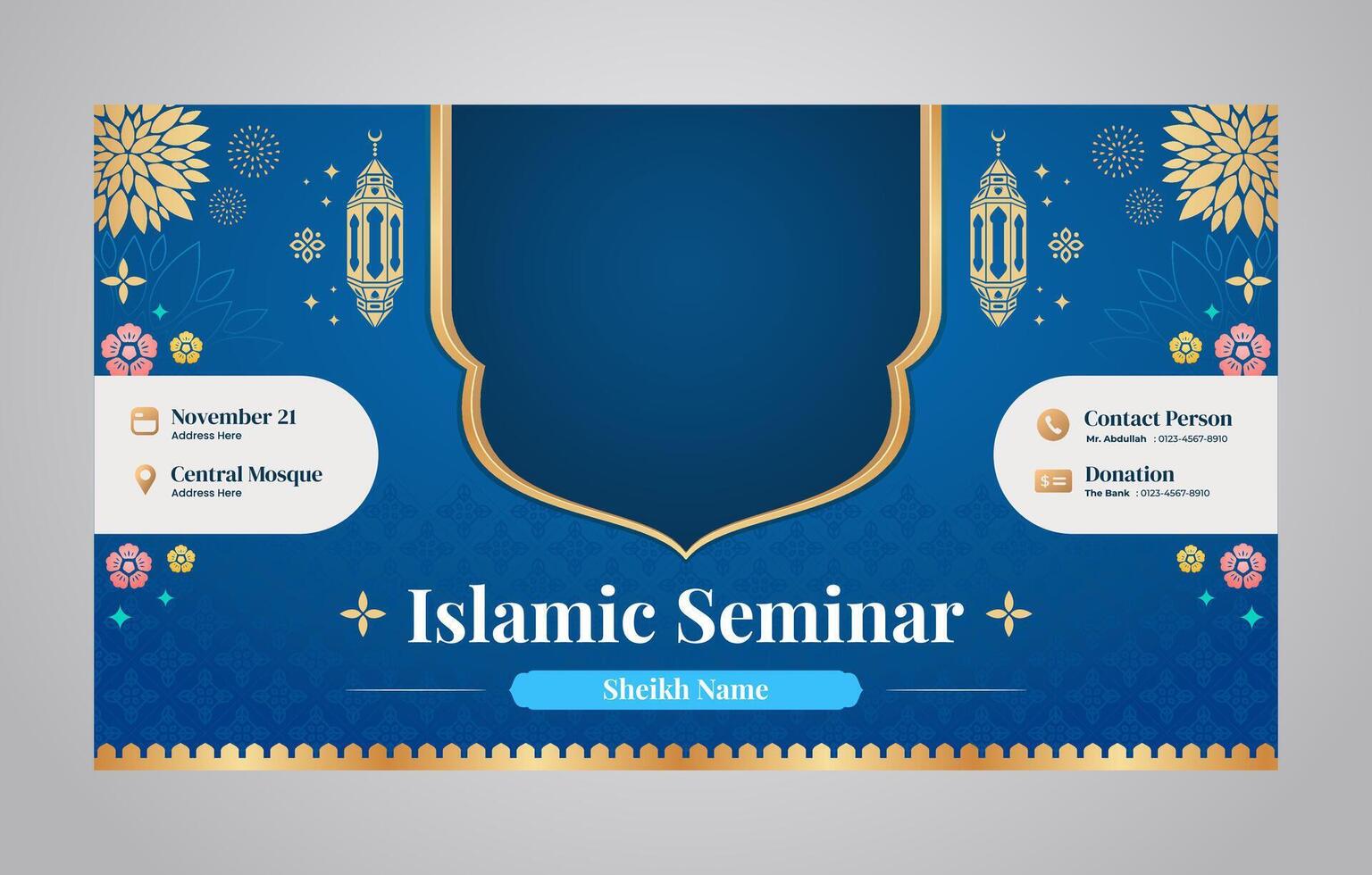 Blue Islamic Seminar and Webinar Banner Design Template for Islamic Teaching and Lecturing vector