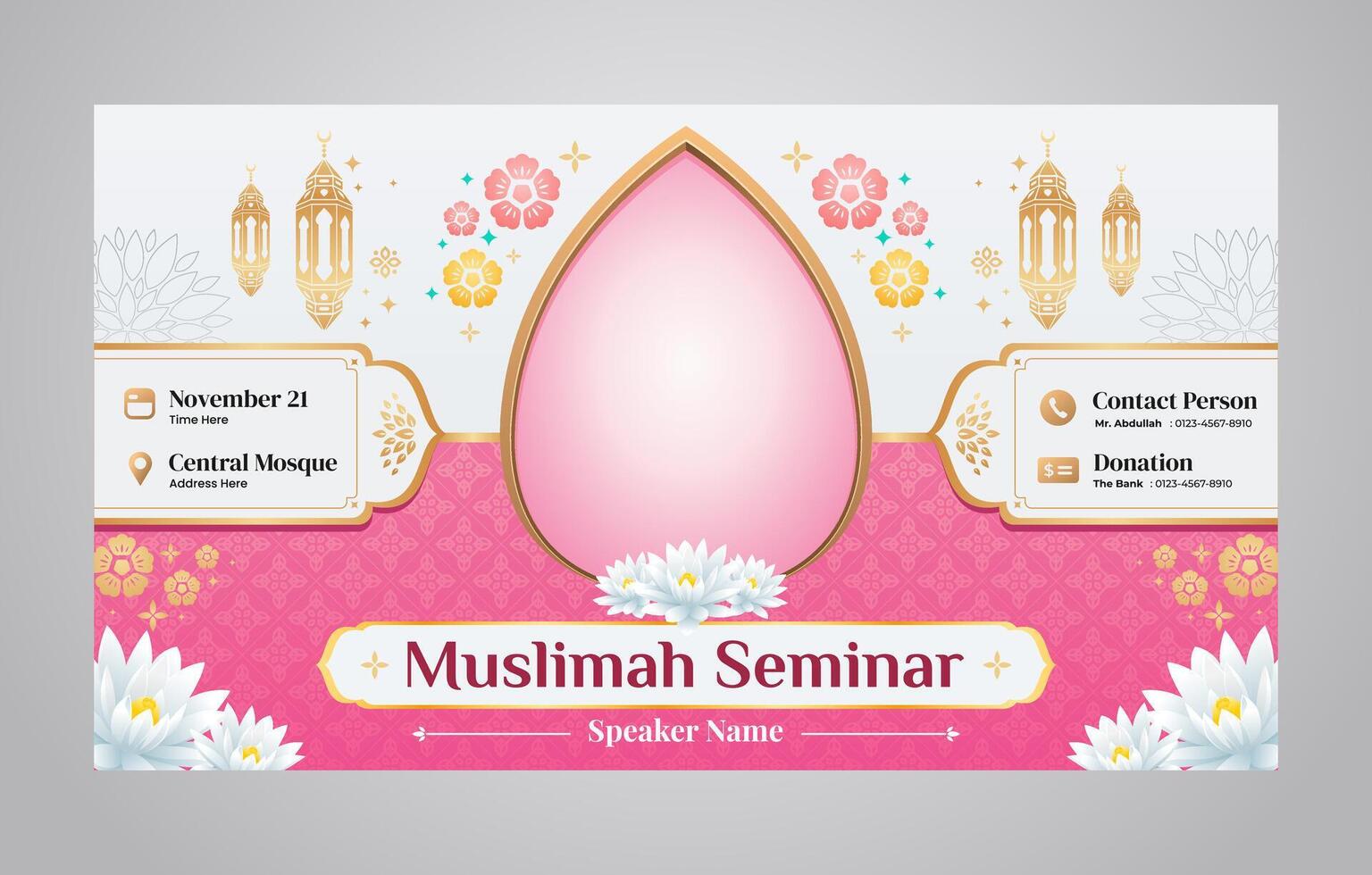 Pink Islamic Seminar and Webinar Banner Design Template for Islamic Muslim Woman Teaching and Lecturing vector