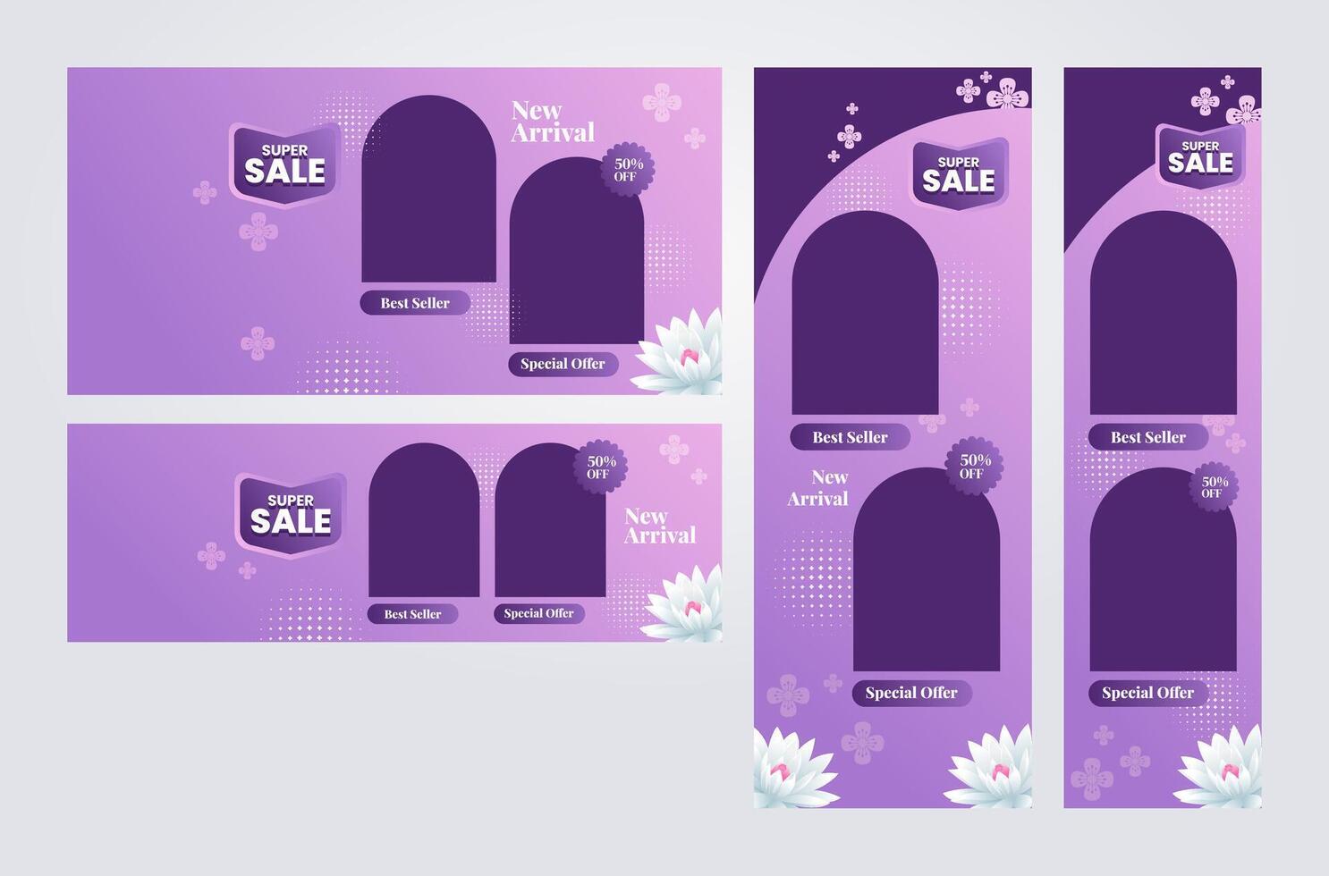 conjunto de hermosa púrpura rebaja promoción bandera modelo con flor decoración en varios Talla vector