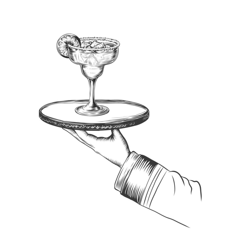 camarero con bandeja y alcohol bebidas bosquejo grabado vector ilustración aislado en blanco antecedentes. rasguño tablero imitación. negro y blanco monocromo mano dibujado imagen.