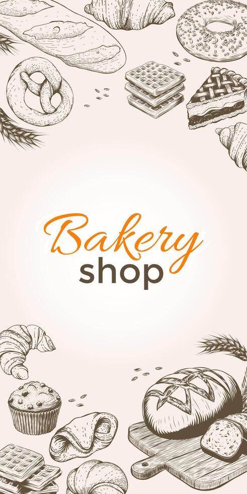 Vintage Bakery shop template banner background with bakery products in engraving style. hand drawn doodle sketch illustration for pastry shop, bakery house, menu design, packaging. vector