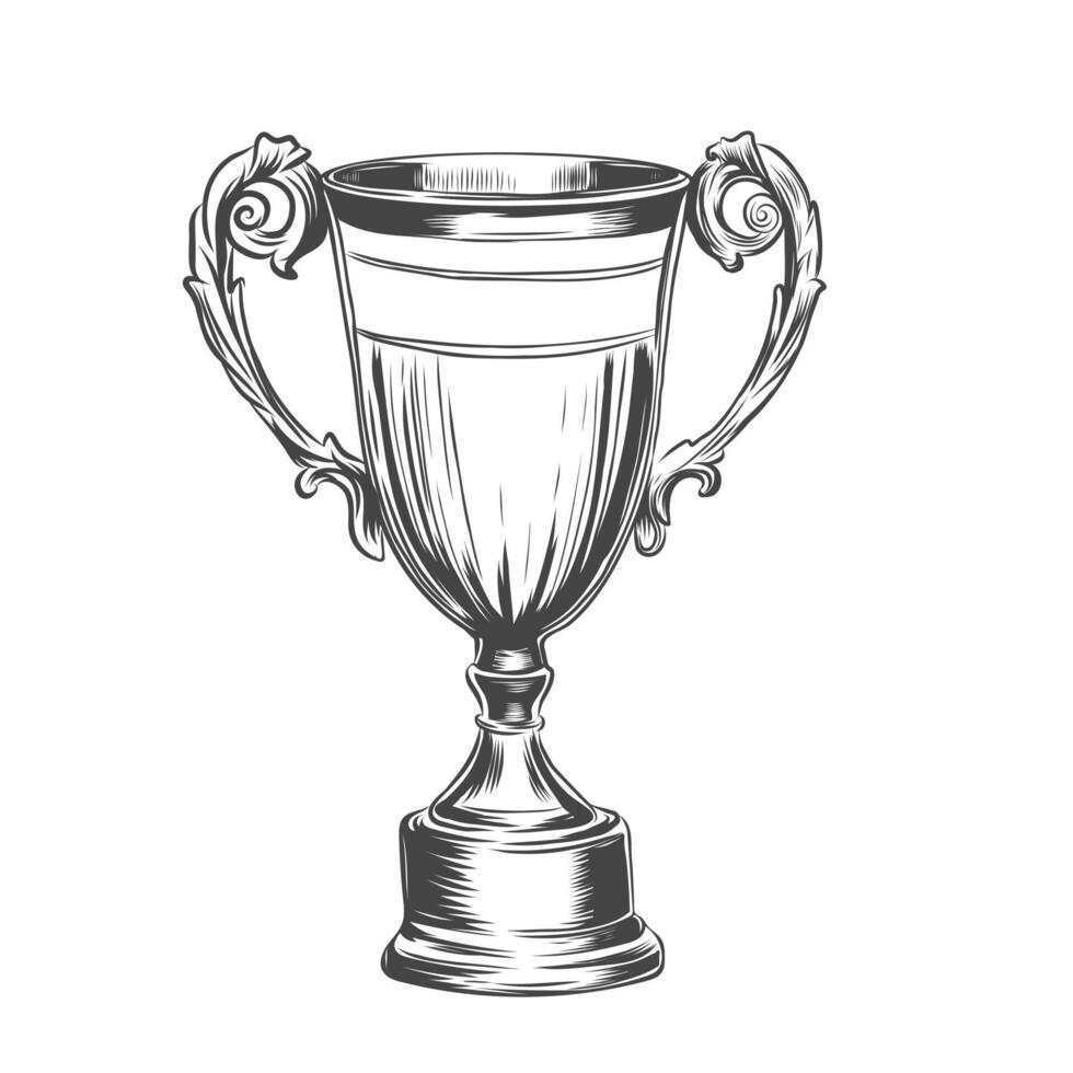 Hand drawn Champion cup. Engraving of winner trophy award in sketch style. Football or soccer prize cup vector illustration isolated on white background.