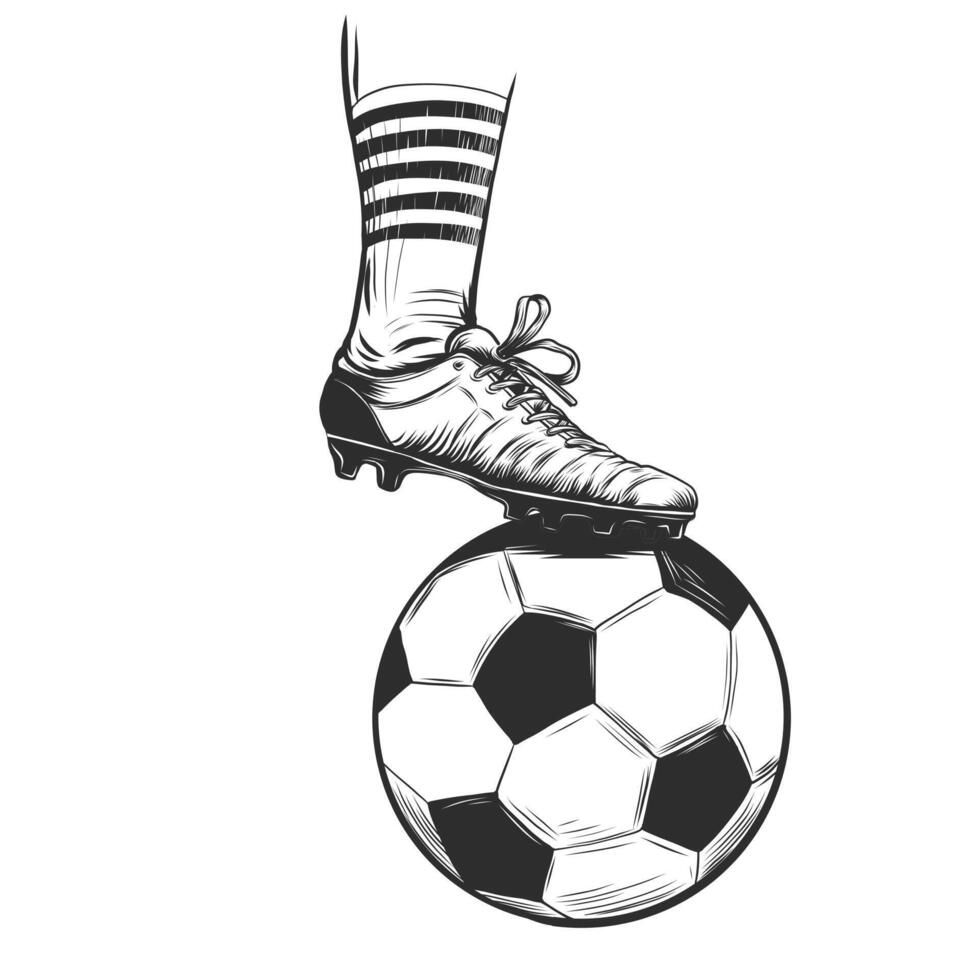 Sketch illustration of soccer player's foot on soccer ball. Engraving of boot and ball. Black and white vector illustration isolated on background for football championship poster, banner, card.