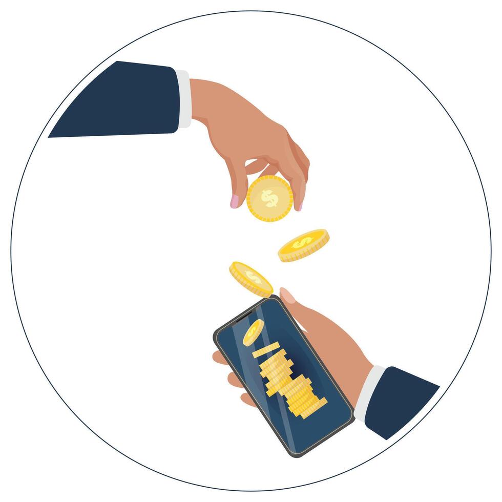 Golden money coin hand holding on mobile phone investment. Hand put coin in smartphone. online payment on mobile. vector concept for finance, investment, money saving on hand isolated