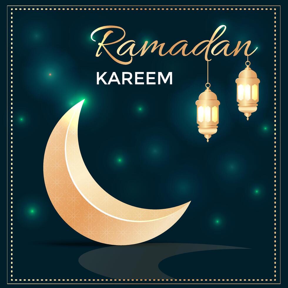 islamic greeting ramadan kareem card design background with golden crescent moon and arabic lantern. Vector banner for Ramadan, Raya Hari, Eid al Adha and Mawlid