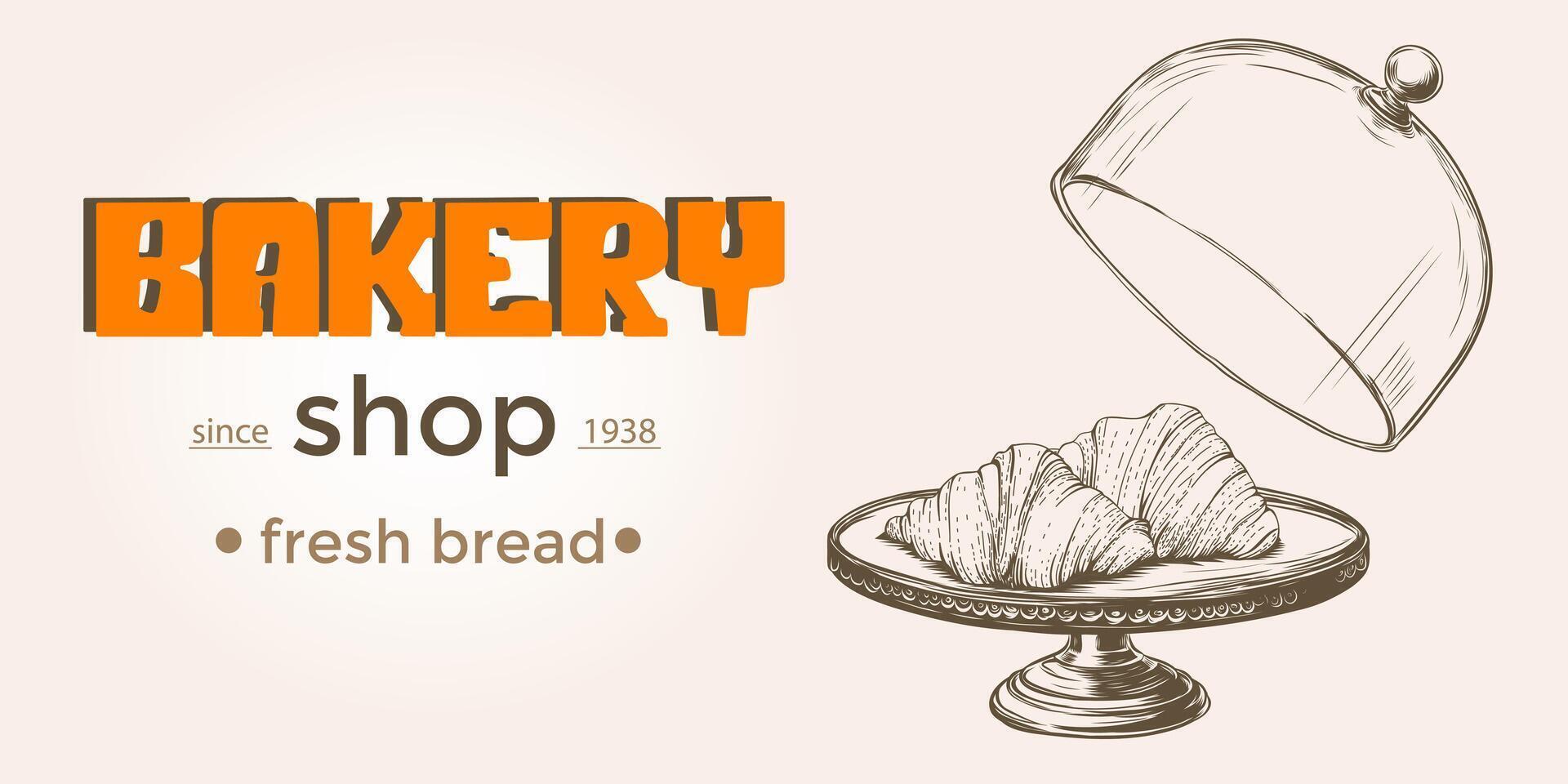 Bakery background with French croissant under glass lid. Linear graphic. Vector illustration for Bread and pastry, bakery house, menu.