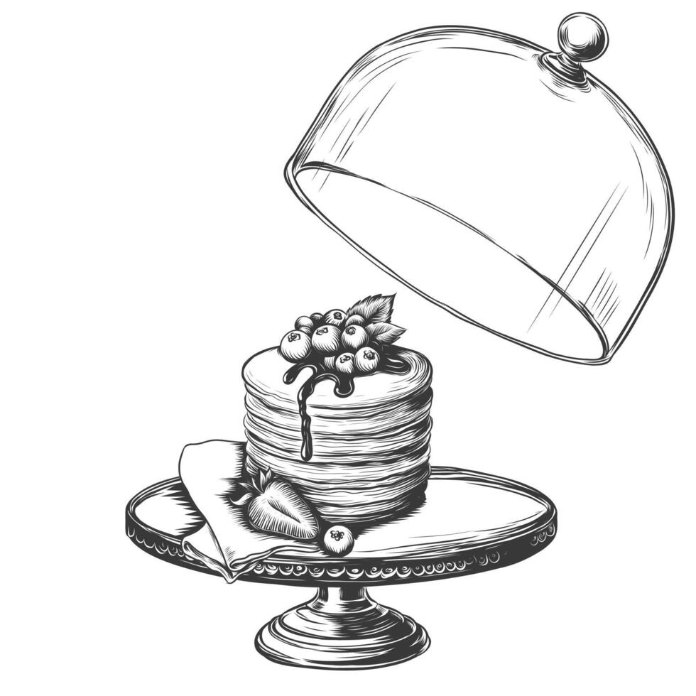 Vector vintage stack of pancakes under glass cloche. Hand drawn monochrome food illustration. Great for menu, poster or label. Engraved imitation Sketch of Pancakes with berries and syrup.