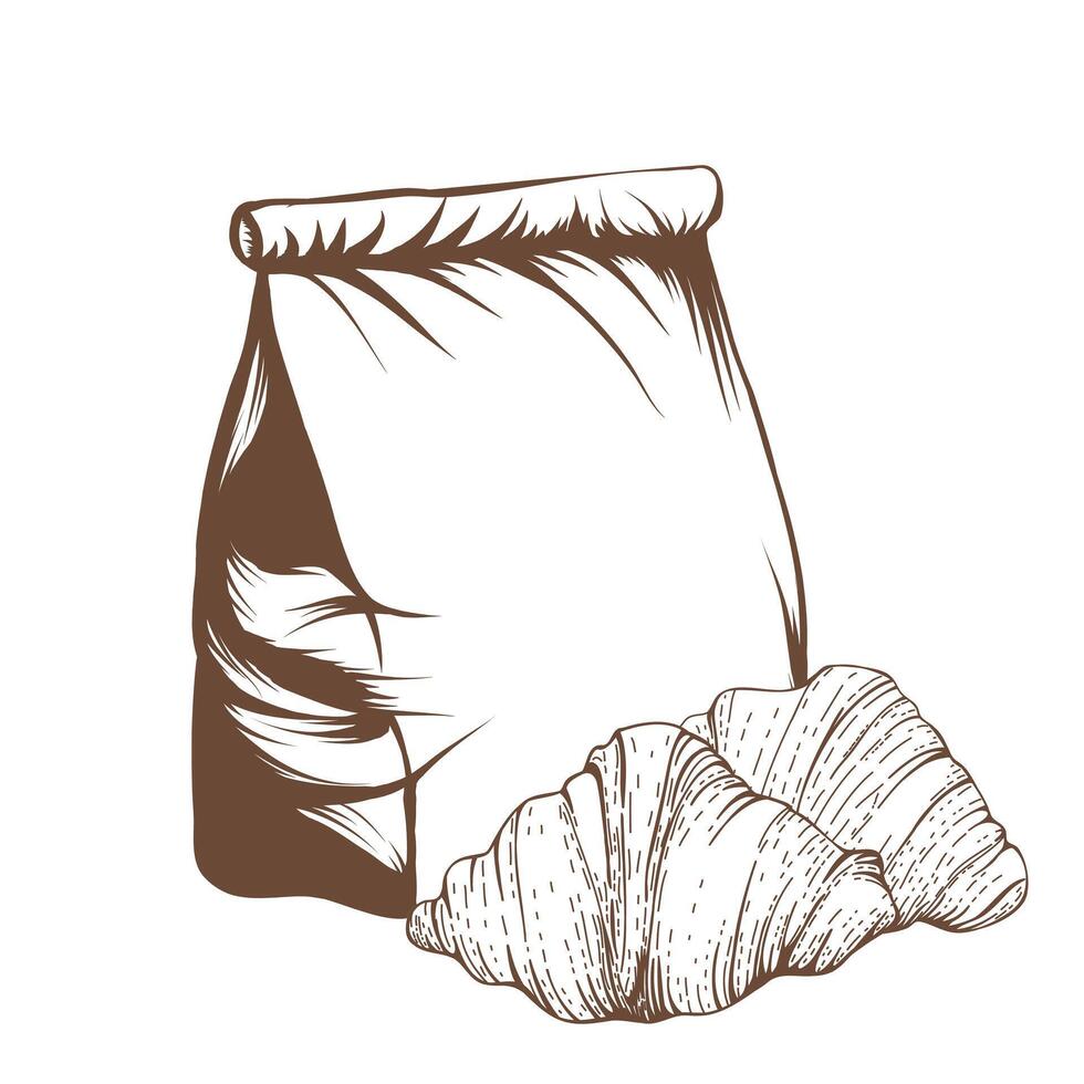 Food delivery paper bag and croissant hand icon. lunch linear style sign for mobile concept and web design. Take away fast food simple line vector. illustration graphics isolated on white background vector