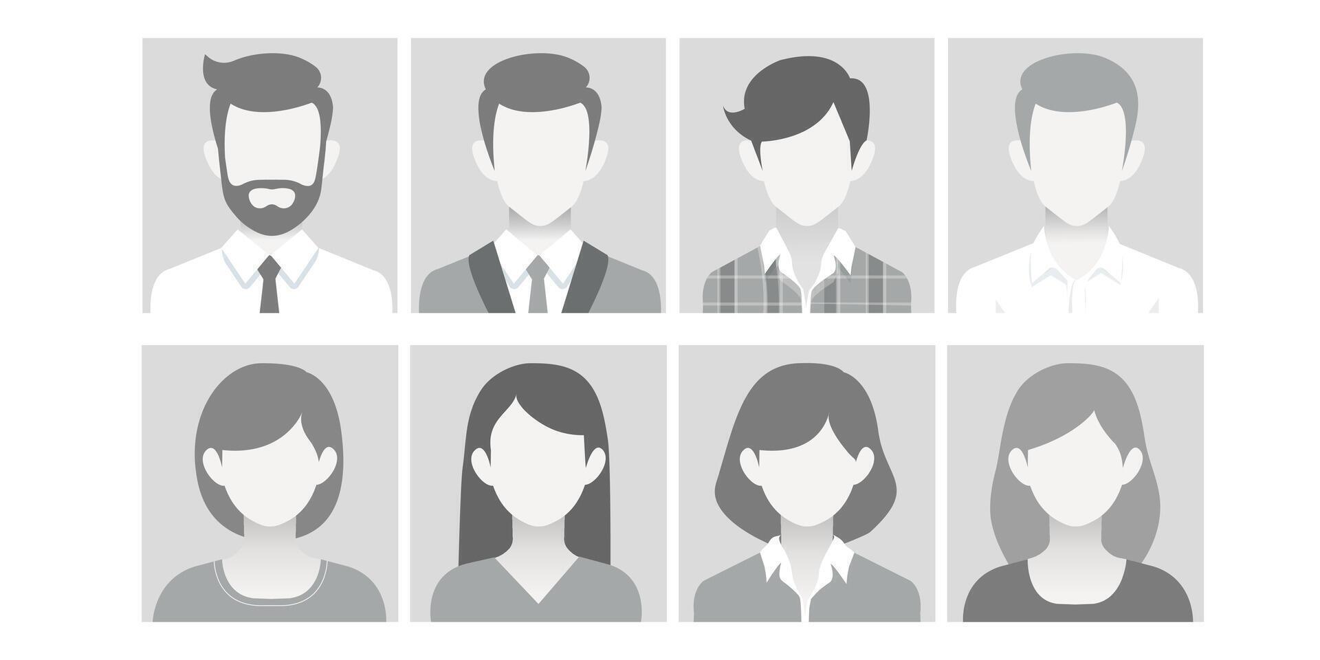 Empty avatars set. Vector photo placeholder for social networks, resumes, forums and dating sites. Male and female no photo images for unfilled user profile. Greyscale