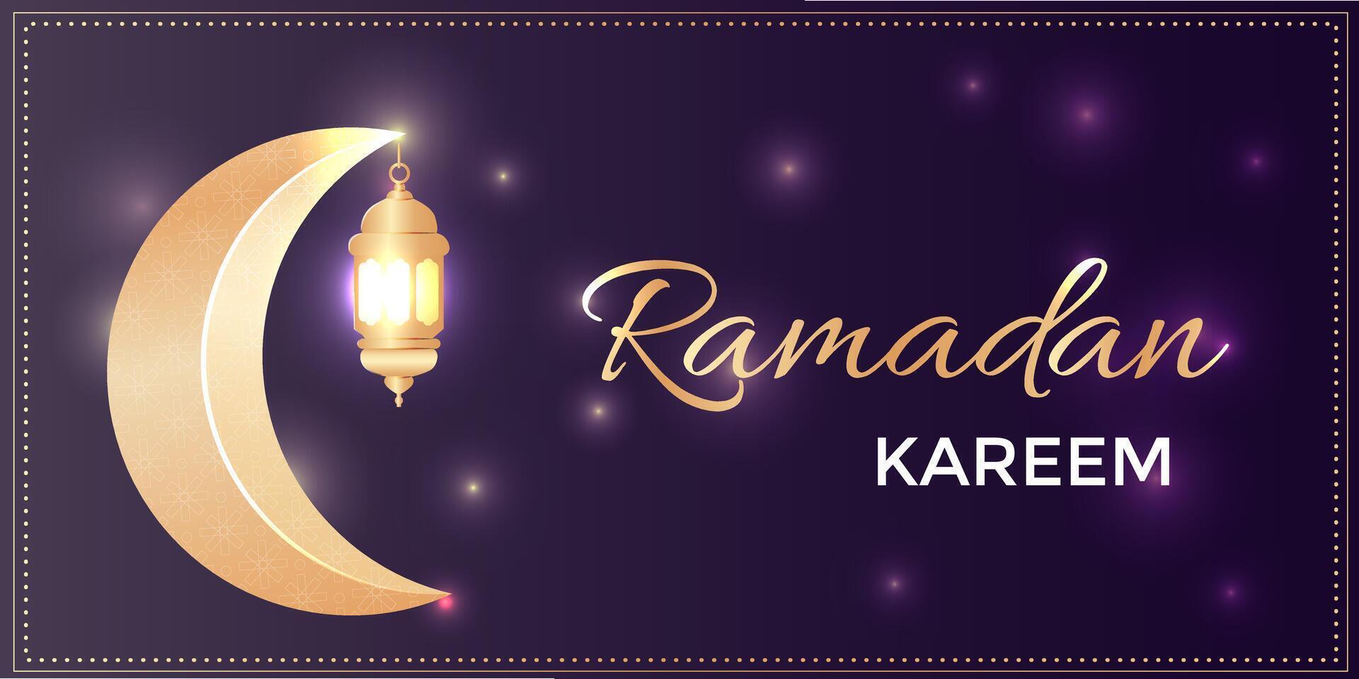 golden ramadan eid moon with lantern and islamic decoration. crescent and glowing lamp. Vector banner suitable for Ramadan, Raya Hari, Eid al Adha and Mawlid.