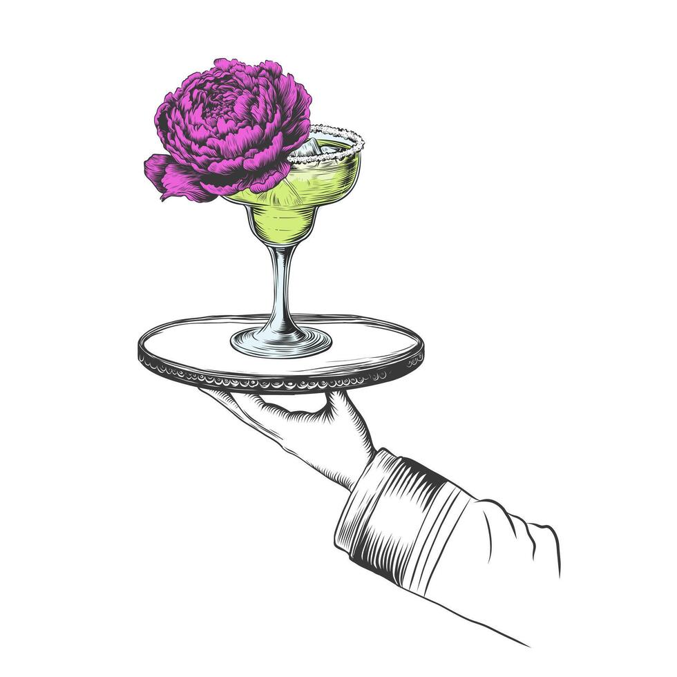Waiter holds cocktail margarita with peony for Restaurant, cafe, bar menu, happy hour, ladies' night. Cocktail party and drinking establishment concept. vector illustration isolated on white