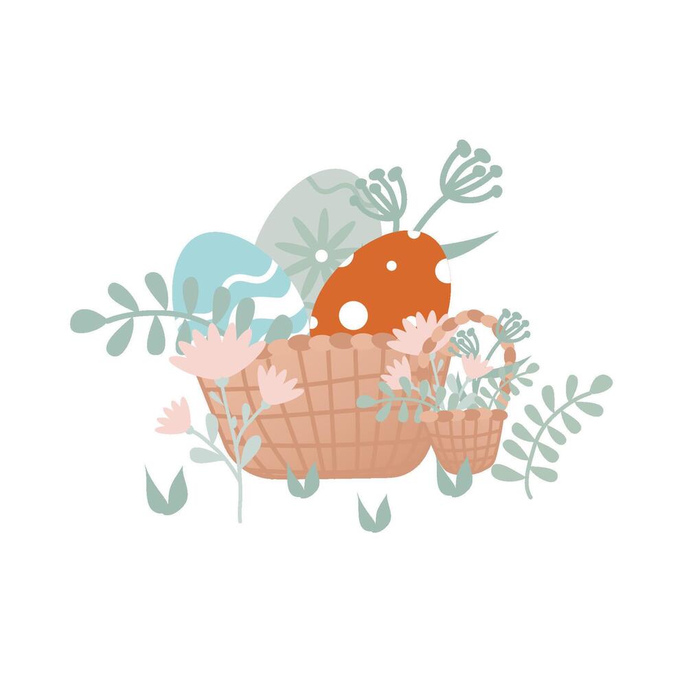 Basket with Easter eggs. Illustration in retro style. Hand drawn. vector