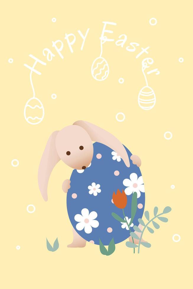 Holiday card. Easter bunny and easter egg. Retro style illustration. Hand drawn. vector