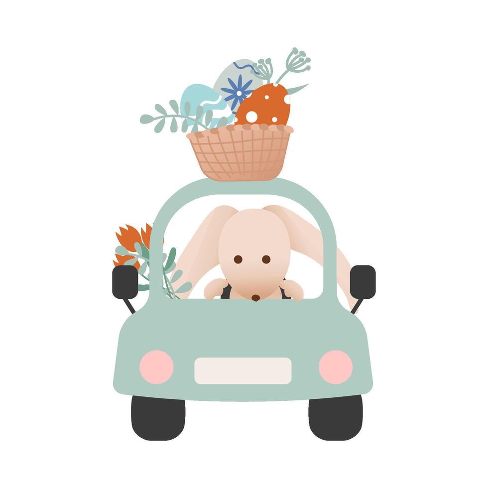 Holiday illustration. Easter bunny in car and basket with eggs. Illustration in retro style. Hand drawn. vector