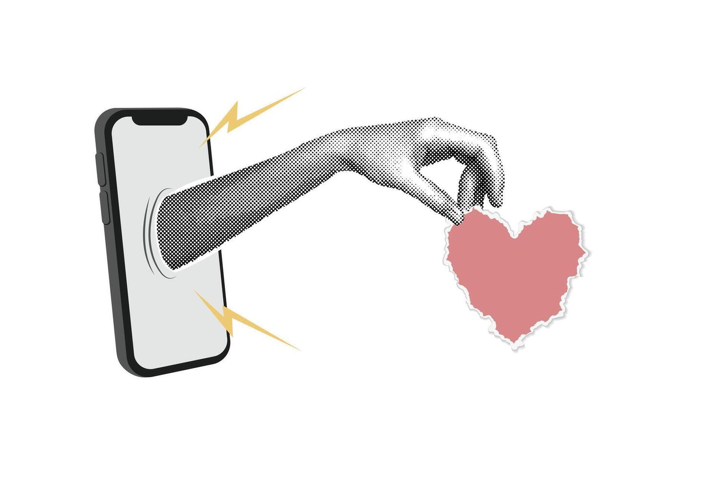 Trendy halftone collage. A hand with a cell phone. Torn paper in the shape of a heart. Buying, selling. Social media communication. Blank space for quote, plan and idea. An abstract template. vector