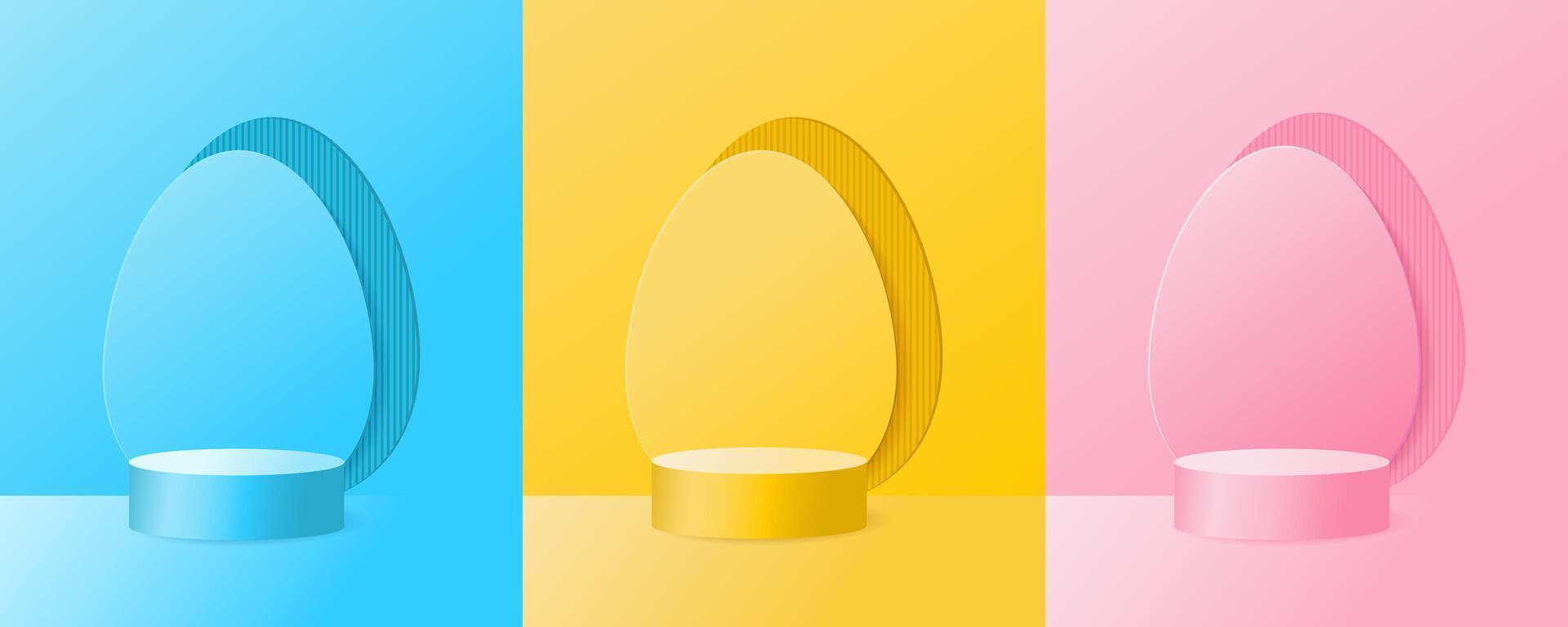 Set of 3D backgrounds with Easter holiday. Yellow, blue, pink and oval egg shaped background in the background. Layout of a shop window. Minimal stage showcase vector