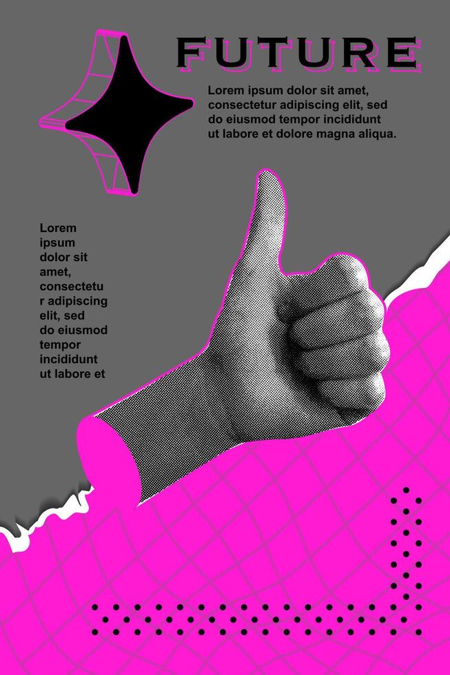 Trendy halftone collage hand drawn in neon pink color. Doodle. Poster, banner. Business, time. Retro halftones in fashionable style. Modern vector illustration.