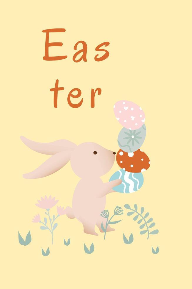 Holiday card. Easter bunny and pyramid of eggs. Retro style illustration. Hand drawn vector
