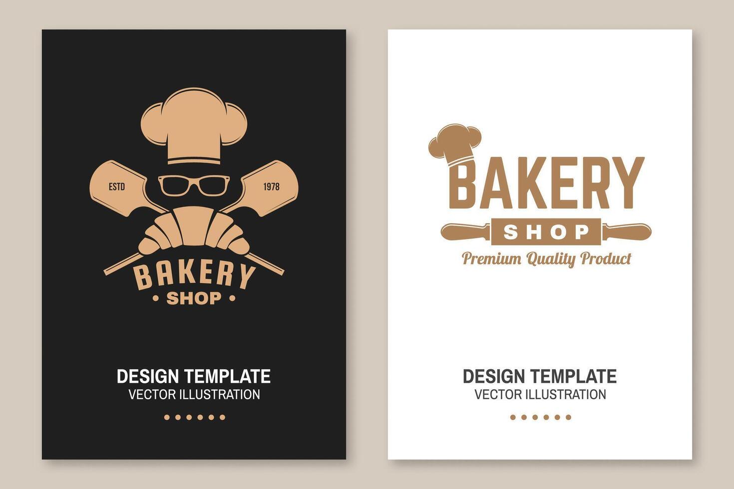 panadería tienda volantes, folleto, bandera, póster. vector diseño con cuerno, un pan palas, cocinero sombrero y orejas de trigo silueta. modelo para panadería, restaurante identidad objetos, embalaje y menú