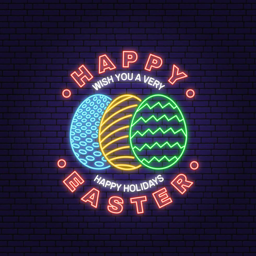 Happy Easter neon card, badge, logo, sign. Vector. Typography design with easter hand eggs. Modern minimal style. For poster, greeting card, overlay, sticker vector