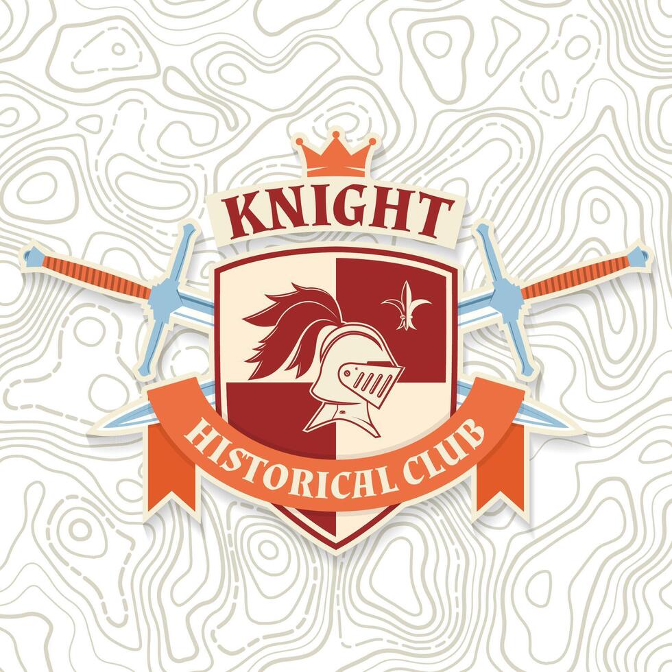 Knight historical club badge design. Vector illustration Concept for shirt, print, stamp, overlay or template. Vintage typography design with knight helmet, swords and shield silhouette.