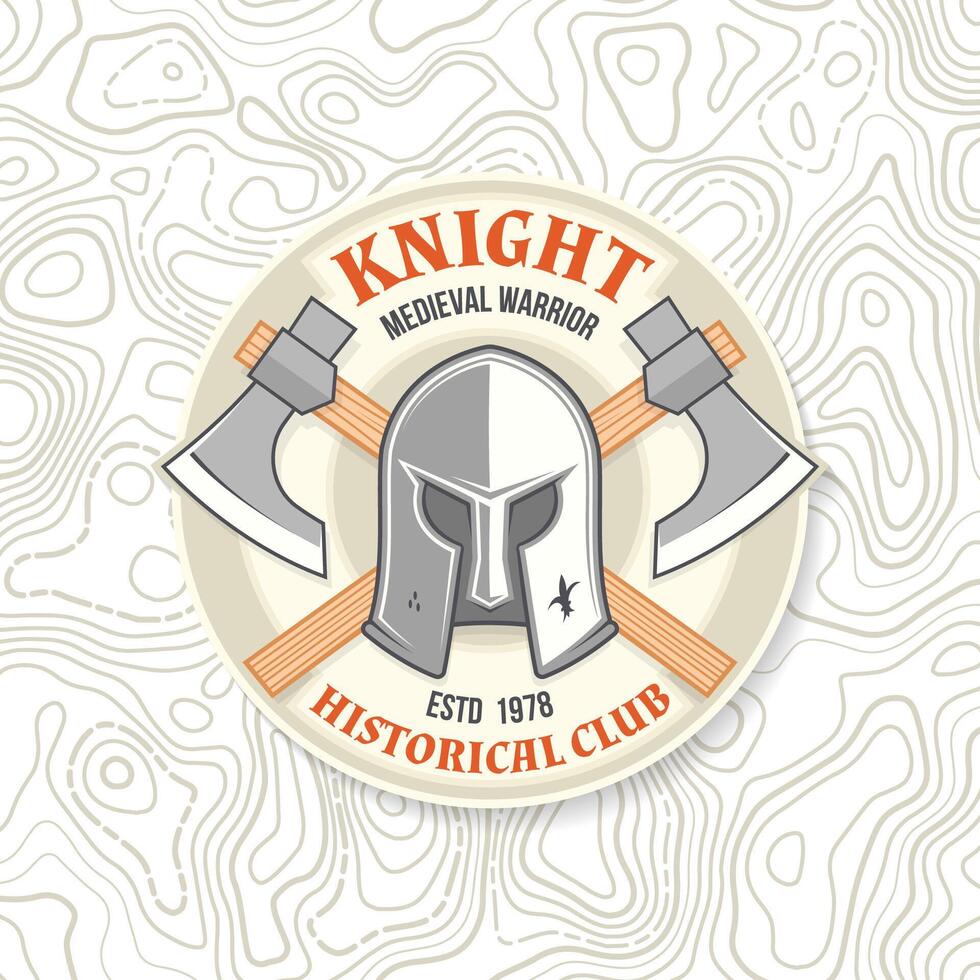 Knight historical club badge design. Vector illustration Concept for shirt, print, stamp, overlay or template. Vintage typography design with battle axe and knight helmet silhouette.