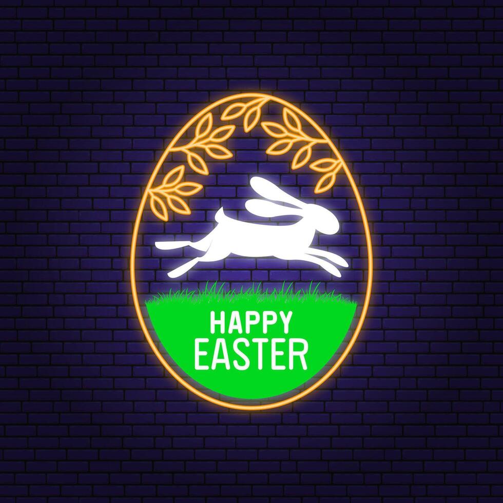 We wish you a very happy easter neon card, badge, logo, sign. Vector illustration Neon typography design with rabbit and hand eggs. Modern minimal style. Easter Egg Hunt