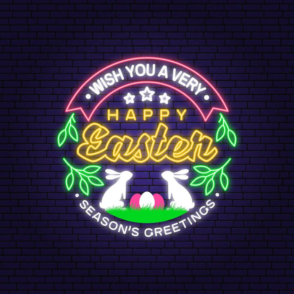 We wish you a very happy easter neon card, badge, logo, sign. Vector. Typography neon design with easter rabbit and hand eggs. Modern minimal style. Easter Egg Hunt vector