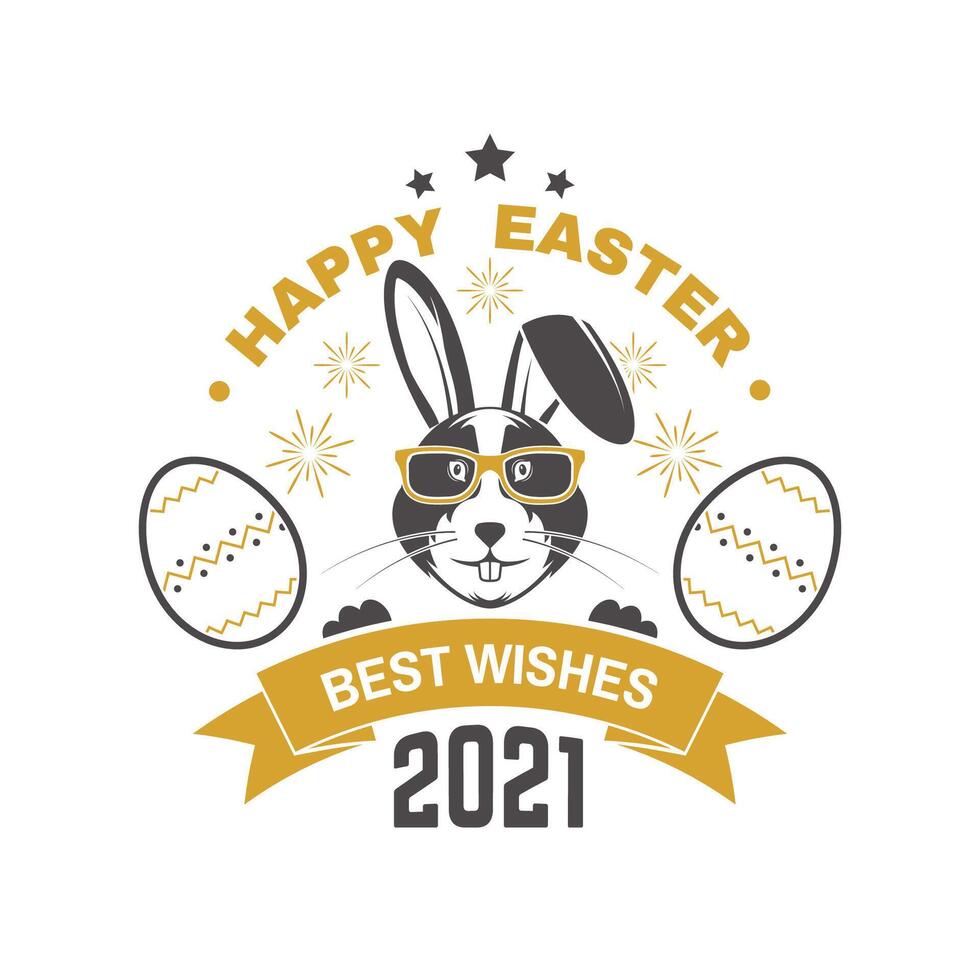 Happy Easter card, badge, logo, sign. Vector. Typography design with easter rabbit and hand eggs. Modern minimal style. For poster, greeting card, overlay, sticker vector