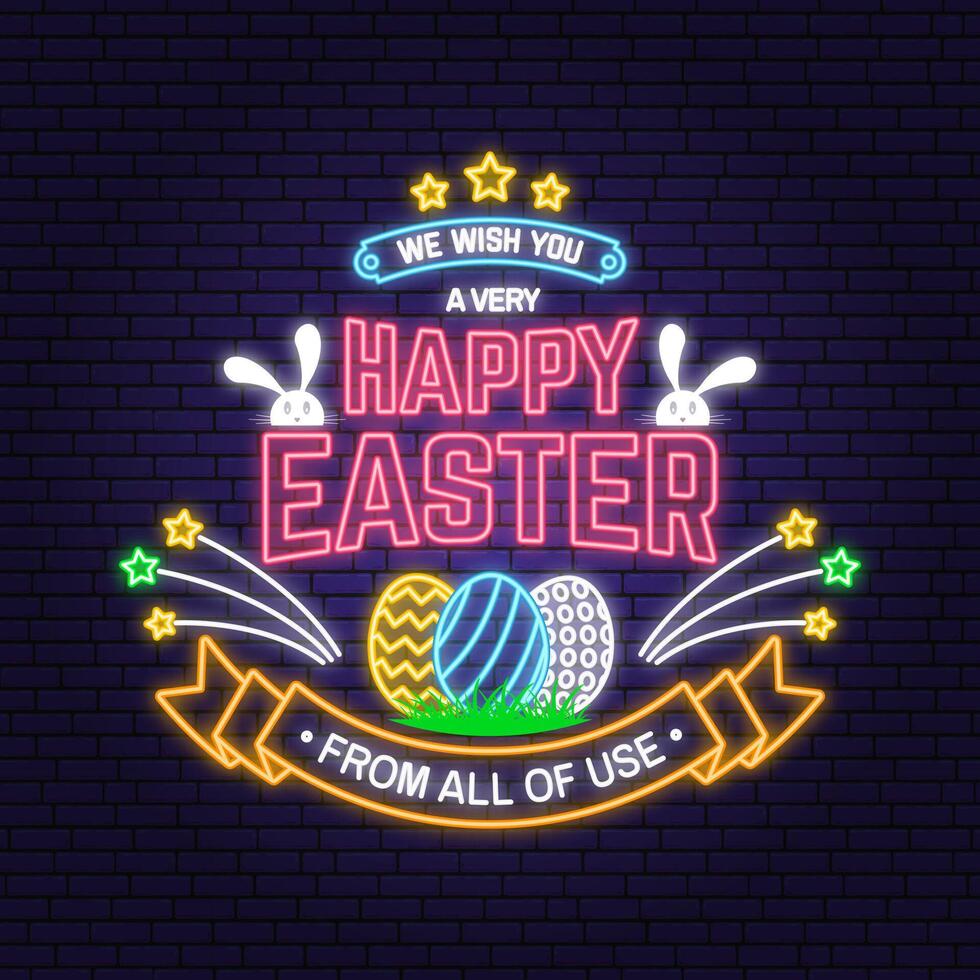 nosotros deseo usted un muy contento Pascua de Resurrección neón tarjeta, insignia, logo, signo. vector. tipografía neón diseño con Conejo y mano huevos. moderno mínimo estilo vector