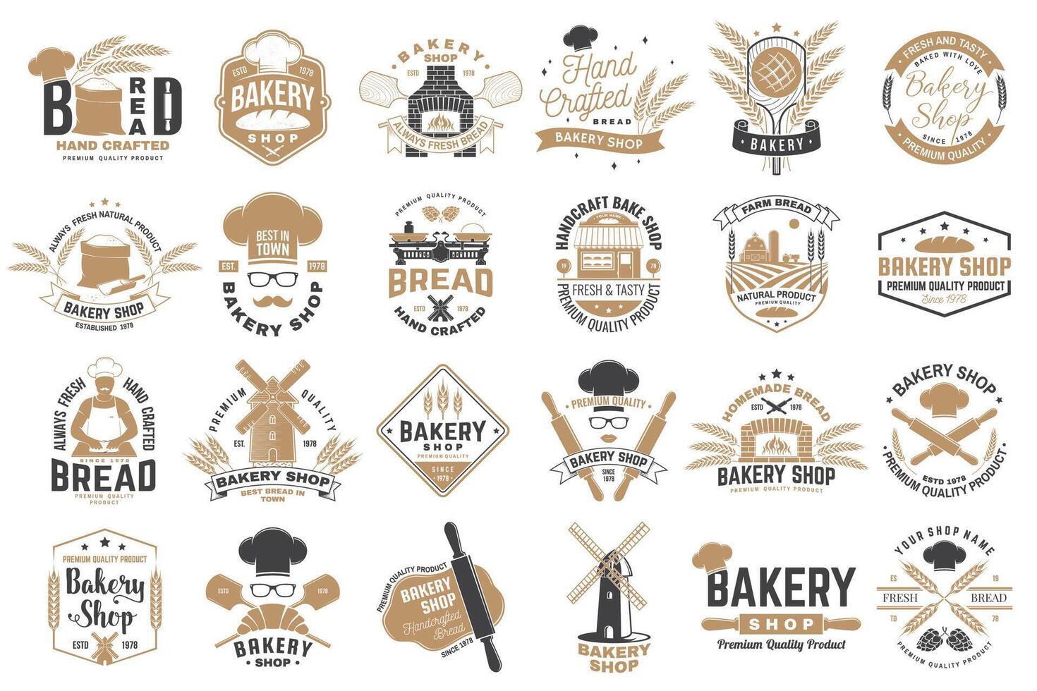 Set of Bakery shop badge. Vector. Design with windmill, rolling pin, dough, wheat ears, old oven, wooden bread shovels silhouette. For restaurant, bakery identity objects, packaging menu vector