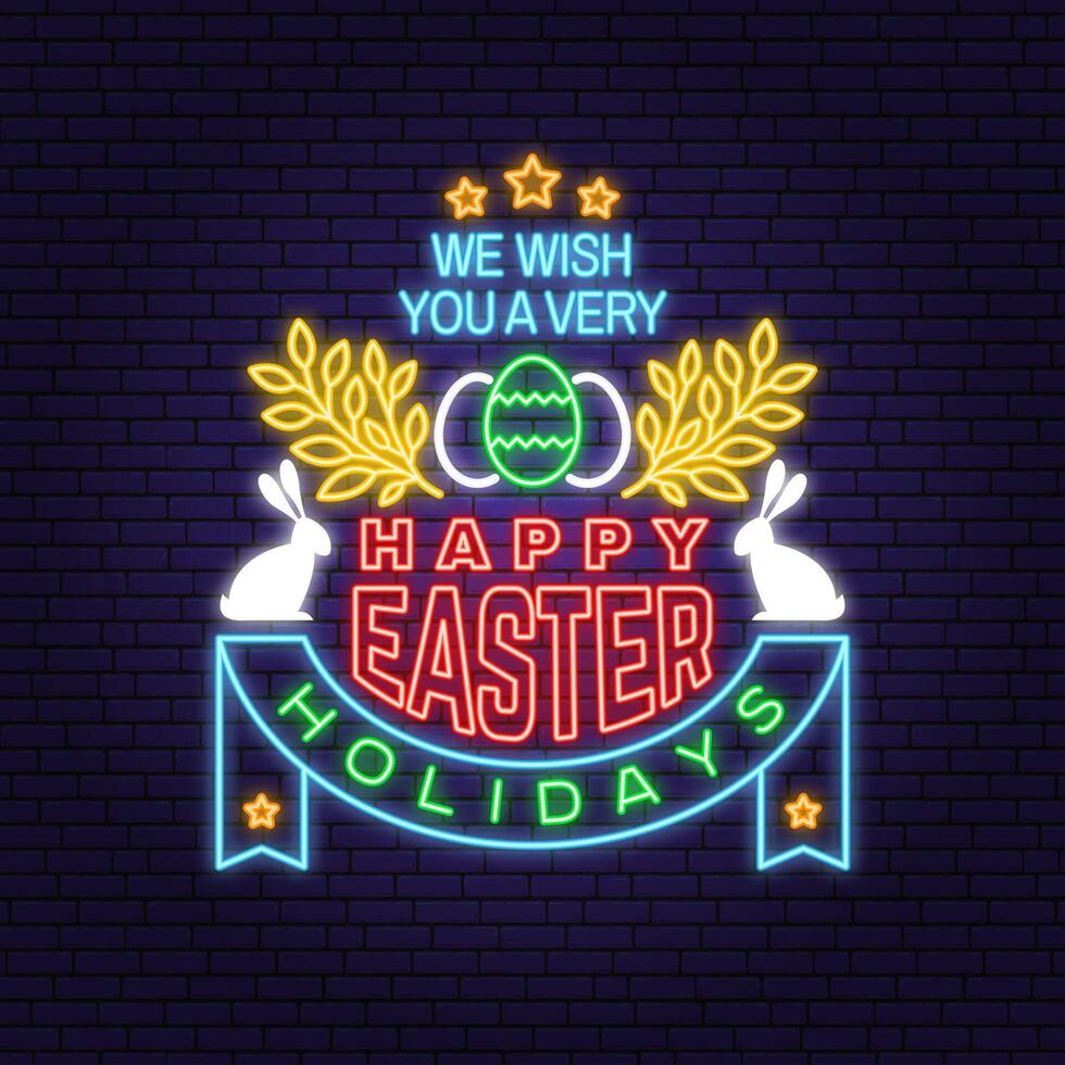 We wish you a very happy easter neon card, badge, logo, sign. Vector illustration Neon typography design with rabbit and hand eggs. Modern minimal style. Easter Egg Hunt