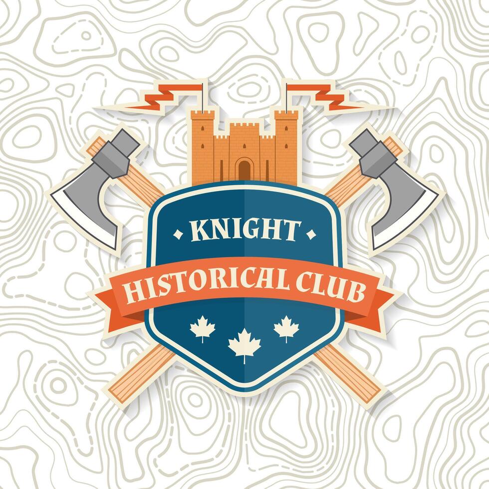 Knight historical club badge design. Vector illustration Concept for shirt, print, stamp, overlay or template. Vintage typography design with knight battle axe and shield silhouette.