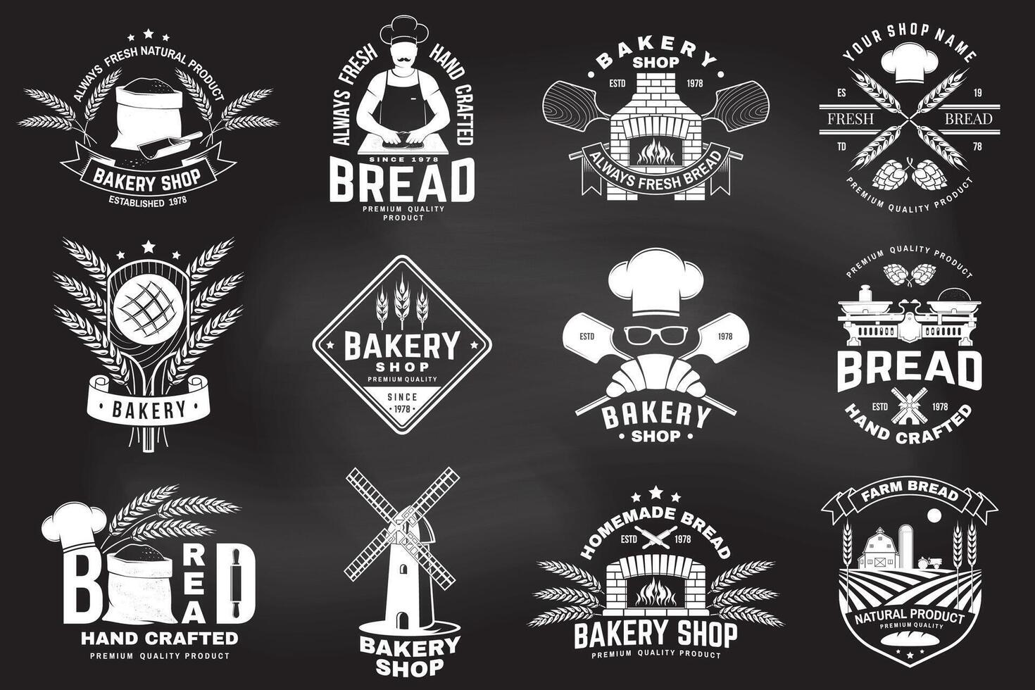 Set of Bakery shop badge. Vector Design with windmill, rolling pin, dough, wheat ears, old oven, wooden bread shovels silhouette. For restaurant, bakery identity objects, packaging menu